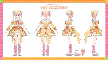 1girl asymmetrical_clothes back_bow blonde_hair bow breasts character_name closed_mouth clothing_cutout commentary_request company_name copyright_notice double_bun flower frills full_body gradient_hair green_eyes hair_bun hair_ornament hairclip heart_cutout highres hololive kito_koruta leg_warmers momosuzu_nene multicolored_hair multiple_views nekko_(momosuzu_nene) official_alternate_costume official_alternate_hairstyle official_art parallel_hairclips pink_flower pink_hair pink_leg_warmers reference_sheet second-party_source shoes sidelocks skirt smile standing translation_request turnaround twintails virtual_youtuber white_shoes yellow_bow yellow_flower yellow_skirt