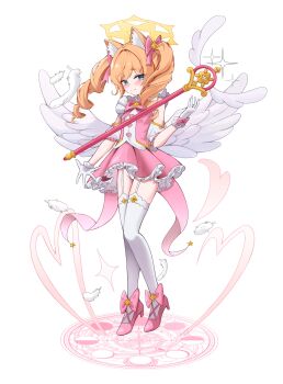 absurdres animal_ears blonde_hair blue_archive blue_eyes blush breasts commentary_request drawppyo full_body halo highres looking_at_viewer magical_girl mari_(blue_archive) simple_background small_breasts sparkle standing twintails white_background wings yellow_halo