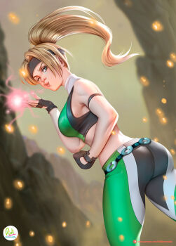 1girl ass blonde_hair blowing_kiss breasts didi_esmeralda large_breasts mortal_kombat_(series) one_eye_closed pants patreon_username puckered_lips sideboob sonya_blade sports_bra wink