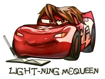 Rule 34 | 1boy, book, brown hair, car, cars (movie), death note, death note (object), fusion, highres, lightning mcqueen, lips, meme, motor vehicle, pen, pixar, red eyes, smile, solo, stafsar, yagami light