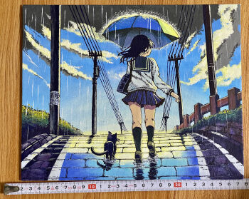 1girl absurdres acrylic_paint_(medium) arm_at_side bag black_cat black_hair black_socks blue_skirt blue_sky brick brown_shoes cat cloud commentary_request dated_commentary day from_behind full_body grey_sailor_collar highres loafers long_sleeves medium_hair miniskirt original outdoors painting_(medium) path photo_(medium) pleated_skirt power_lines rain road sailor_collar school_bag school_uniform serafuku shirt shoes shoulder_bag skirt sky socks solo traditional_media umbrella utility_pole walking white_shirt yousonn