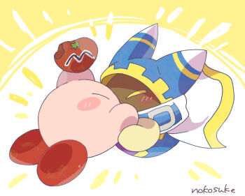 Rule 34 | blush stickers, cape, closed eyes, commentary request, full body, kirby, kirby (series), kiss, magolor, maxim tomato, nintendo, no humans, roku (rokkrn), signature, tomato, white cape, yellow background