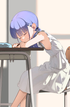 1girl absurdres areola_slip arms_on_table breasts closed_eyes commentary_request desk dress from_side hair_in_own_mouth hair_ornament hayakawa_sena_(pei_iriya) highres holding holding_pencil long_hair no_bra original pei_iriya pencil purple_eyes purple_hair school_desk sideboob sitting sleeping small_breasts solo twintails white_dress