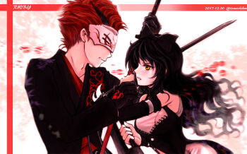 1boy 1girl adam_taurus artist_name black_bow black_choker black_dress black_gloves black_hair black_suit blake_belladonna bow breasts choker cleavage clothing_cutout commentary_request copyright_name curly_hair dated dress eye_mask fighting formal_clothes from_side gloves hair_bow holding holding_sword holding_weapon large_breasts long_hair looking_at_another mask parted_lips red_hair red_shirt rwby shirt short_hair side_cutout sidelocks suit sword tomo_(tomo201403go) twitter_username weapon yellow_eyes