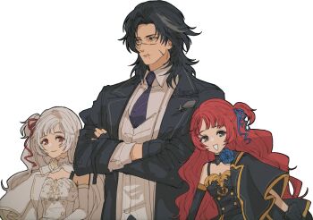 1boy 2girls asymmetrical_gloves black_coat black_collar black_dress black_eyes black_gloves black_hair black_jacket black_necktie blue_flower blue_ribbon blue_rose blunt_bangs breasts character_request cleavage closed_mouth coat collar collared_jacket collared_shirt commentary_request copyright_request crossed_arms detached_collar dress elbow_gloves expressionless eyelashes facial_scar fingerless_gloves flower forehead formal_clothes gloves green_eyes hair_ribbon happy height_difference high_collar highres hino_(8) jacket jacket_partially_removed lapels layered_sleeves leaning_forward light_frown long_hair long_sleeves looking_to_the_side medium_hair mismatched_gloves multiple_girls multiple_scars neck_flower necktie notched_lapels one_side_up open_clothes open_coat open_jacket open_mouth parted_bangs pinstripe_pattern pinstripe_vest red_eyes red_hair red_ribbon ribbon rose scar scar_on_cheek scar_on_face shirt short_sleeves simple_background single_elbow_glove sleeve_cuffs sleeveless sleeveless_dress small_breasts smile upper_body very_long_hair vest wavy_hair white_background white_collar white_dress white_gloves white_hair white_jacket white_shirt white_vest