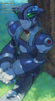 1boy android armor blue_eyes dynamo_(mega_man) grass helmet long_hair male_focus mega_man_(series) mega_man_x_(series) on_grass shadow sitting solo tree twitter_username watermark yamanashi_taiki