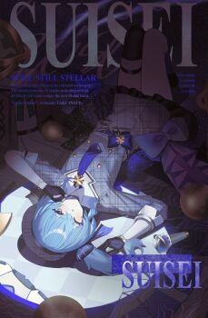 1girl absurdres asymmetrical_legwear belt belt_buckle beret black_gloves black_thighhighs blue_belt blue_choker blue_eyes blue_hair blue_nails blue_ribbon blue_socks buckle buttons character_name choker closed_mouth collared_dress dress english_text fingernails frills full_body gloves grey_hat hair_between_eyes hair_ribbon hashtag-only_commentary hat highres hololive hoshimachi_suisei hoshimachi_suisei_(1st_costume) jewelry jeze kneehighs lapels legs_together light_smile long_sleeves looking_at_viewer lying medium_hair mismatched_legwear nail_polish necktie on_back one_eye_closed partially_fingerless_gloves plaid_clothes plaid_dress plaid_hat print_necktie print_ribbon ribbon side_ponytail single_kneehigh single_sock single_thighhigh sleeves_rolled_up smile socks solo standing star_(symbol) star_print striped_clothes striped_ribbon symbol_in_eye thigh_strap thighhighs uneven_legwear upside-down virtual_youtuber