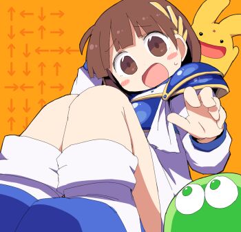 1girl aged_down arle_nadja armor armored_dress blob blue_footwear blush_stickers breastplate brown_eyes brown_hair carbuncle_(puyopuyo) child compile creature dokan_(dkn) dress madou_monogatari open_mouth orange_background puyo_(puyopuyo) puyopuyo shoulder_armor sitting solo_focus sweatdrop