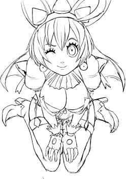 breasts cleavage elphelt_valentine fingerless_gloves gloves guilty_gear hairband highres kneeling large_breasts looking_at_viewer one_eye_closed rabbit_ears short_hair sketch teevo wink