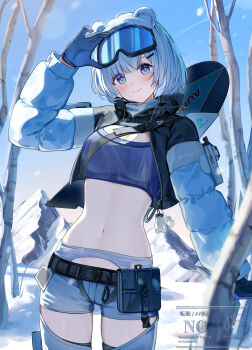 1girl animal_ears arknights arknights:_endfield arm_up aurora_(arknights) bare_tree bear_ears black_jacket blue_eyes blue_gloves blue_hair blue_shirt blue_shorts breasts cleavage closed_mouth commentary_request cowboy_shot crop_top cropped_shirt day gloves goggles goggles_on_head highres jacket large_breasts long_sleeves looking_at_viewer midriff miyanami_3 navel open_clothes open_jacket outdoors shirt short_hair short_shorts shorts signature smile snowshine_(arknights) solo thighhighs tree twitter_username watermark white_thighhighs winter