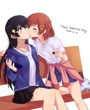 Rule 34 | 17aijo, 2girls, :/, aijou karen, arm at side, black hair, black skirt, blue jacket, blue shorts, blush, box, brown hair, chinese commentary, chocolate, closed eyes, closed mouth, clothes around waist, commentary, crown hair ornament, english text, face-to-face, facing another, feet out of frame, food, foot out of frame, grey eyes, hair between eyes, hand rest, hand up, hands up, happy valentine, heads together, highres, holding, holding box, holding chocolate, holding food, jacket, jacket around waist, kagura hikari, kiss, kissing cheek, knees together feet apart, leg up, long hair, long sleeves, looking at another, medium hair, multiple girls, on bench, on one knee, one eye closed, open clothes, open jacket, pink jacket, pleated skirt, shirt, shoes, short sleeves, shorts, shoujo kageki revue starlight, simple background, sitting, skirt, sparkle hair ornament, standing, standing on one leg, swept bangs, white background, white shirt, white shoes, yuri