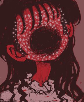 1girl body_horror choppy_bangs collar commentary dress english_commentary faceless frilled_collar frills gestart333 horror_(theme) long_hair monochrome original red_theme simple_background trypophobia