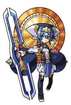 Rule 34 | 1girl, aqua eyes, black boots, black hat, black leotard, black thighhighs, blue hair, boots, breasts, cleavage cutout, closed mouth, clothing cutout, expressionless, flat chest, gold trim, hair between eyes, harakawa mitsuhiro, hat, headpiece, hellmatio, holding, holding weapon, leotard, long sleeves, multicolored hat, navel, official art, pointy ears, puffy long sleeves, puffy sleeves, shinrabanshou, skirt, skull ornament, small breasts, solo, stomach cutout, thick eyebrows, thighhighs, thighhighs under boots, third-party source, transparent background, weapon, white hat, white skirt