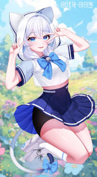1girl absurdres animal_ears animal_hood bell bike_shorts bike_shorts_under_skirt black_shorts blue_bow blue_bowtie blue_eyes blue_skirt blurry blurry_background bow bowtie breasts cat_ears cat_girl cat_hood cat_tail crop_top day double_v fake_animal_ears flower full_body gosegu hair_between_eyes hair_ornament hands_up highres hood hood_up jumping kneehighs korean_commentary long_hair looking_at_viewer midriff miniskirt mole open_mouth outdoors pleated_skirt school_uniform shirt shoes short_sleeves shorts shorts_under_skirt skirt sky smile sneakers socks solo tail thighs v virtual_youtuber waktaverse white_hair white_shirt white_socks x_hair_ornament yeondo