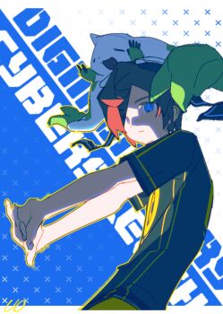 Rule 34 | 1boy, aiba takumi, blue eyes, chinese commentary, closed eyes, commentary request, copyright name, digimon, digimon (creature), digimon on head, digimon story: cyber sleuth, goggles, goggles on head, looking at viewer, male focus, pants, red hair, shirt, stretching, terriermon, xinjinjumin040862880251, yellow pants