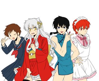 Rule 34 | 4boys, alternate costume, animal ears, bad id, bad pixiv id, blush, china dress, chinese clothes, creator connection, crossdressing, crossdressing (mtf), crossover, dog ears, dress, enmaided, hatorion, inuyasha, inuyasha (character), japanese clothes, kyoukai no rinne, lipstick, lolita fashion, maid, makeup, male focus, male maid, moroboshi ataru, multiple boys, ranma 1/2, rokudou rinne, saotome ranma, school uniform, serafuku, urusei yatsura, wa lolita