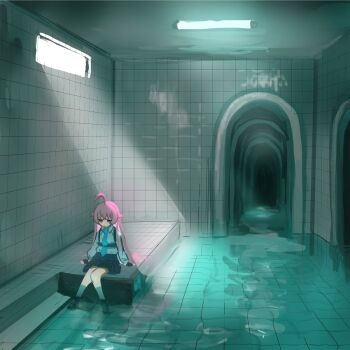 1girl ahoge backrooms_(creepypasta) blue_archive ceiling_light commentary dream_pool expressionless heterochromia highres hoshino_(blue_archive) indoors knees_together_feet_apart liminal_space long_hair medama_soft no_halo pink_hair scenery school_uniform shirt sitting solo tile_floor tile_wall tiles water white_shirt wide_shot