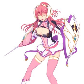 1girl boots bow breasts cleavage cleavage_cutout closed_eyes clothing_cutout dress en_ciel_rena en_ciel_rena_(sin) game_cg hair_between_eyes hair_ornament headgear high_ponytail holding holding_shield holding_sword holding_weapon kourin_tenshi_en_ciel_rena large_breasts large_variant_set long_hair long_sleeves non-web_source official_art open_mouth pink_hair pink_skirt pink_thighhighs ponytail rapier red_hair saitou_natsuki shield short_dress skirt solo standing suhamaya sword thighhighs tomoe_rena transparent_background variant_set weapon zettai_ryouiki