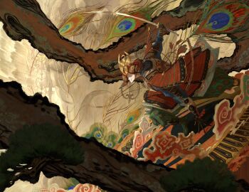 1boy aqua_hakama aqua_pants armor black_eyes black_gloves blue_sleeves commentary_request full_body gloves hakama hakama_pants highres holding holding_sword holding_weapon japanese_armor japanese_clothes katana kusazuri long_sleeves looking_ahead oku_(2964_okn) original pants parted_lips peacock_feathers red_armor samurai shoulder_armor smoke sode solo sword tachi_(weapon) weapon