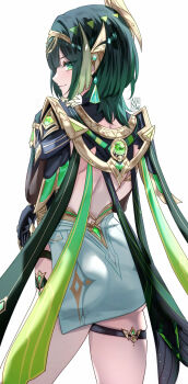 1girl ass back black_gloves bracelet claw_ring earrings elbow_gloves genshin_impact gloves green_eyes green_hair green_shirt headpiece highres jewelry looking_at_viewer looking_back medium_hair miniskirt nefer_(genshin_impact) shirt skirt smile solo thigh_strap thighs uenoryoma usekh_collar vision_(genshin_impact) white_skirt