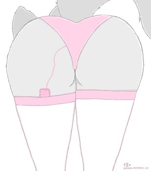 absurdres ass ass_focus content_rating ears fluffy from_behind furry furry_female grey_fur highres monochrome panties patreon_username sex_toy sparkly_cat spot_color tail thighhighs toy underwear vibrator vibrator_under_clothes white_background