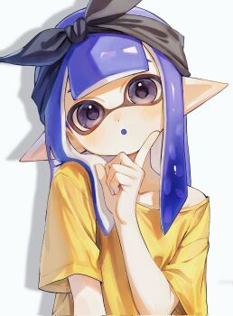 Rule 34 | 1girl, :o, black bow, black eyes, black hairband, bow, bow hairband, colored tongue, corrupted twitter file, finger to cheek, hair bow, hairband, head tilt, highres, inkling, inkling girl, inkling player character, kodak painter, long hair, long pointy ears, looking at viewer, nintendo, open mouth, pointy ears, purple hair, purple tongue, shirt, short sleeves, simple background, solo, splatoon (series), t-shirt, tentacle hair, upper body, white background, yellow shirt