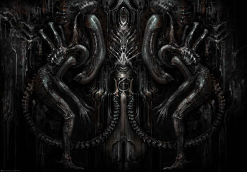 absurdres alien alien_(1979) alien_(1979) alien_(series) claws commentary english_commentary facehugger highres hive machinery monster no_humans realistic science_fiction signature spikes tail teeth uzuki_(uzukinokaze) xenomorph