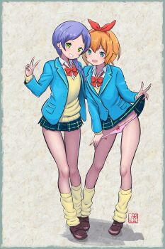 2girls absurdres artist_logo blazer blue_eyes blue_jacket blue_skirt bow bow_hairband bow_panties bowtie braid brown_shoes collared_shirt commentary elementary_(lolipope) green_eyes grin hair_bow hairband highres jacket loafers logo long_hair loose_socks meili_portroute miniskirt multiple_girls nail_polish open_clothes open_jacket open_mouth orange_hair panties panty_pull parted_lips petra_leyte pink_panties plaid_clothes plaid_skirt pleated_skirt pulling_own_clothes purple_hair re:zero_kara_hajimeru_isekai_seikatsu red_bow red_bowtie red_hairband red_nails school_uniform shirt shoes short_hair skirt smile socks standing sweater_vest teeth underwear upper_teeth_only v white_shirt yellow_socks yellow_sweater_vest