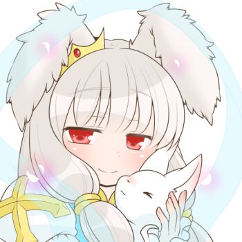 Rule 34 | 1girl, animal, animal ears, arch bishop (ragnarok online), blush, closed mouth, commentary request, cross, crown, dress, grey hair, holding, holding animal, holding rabbit, long hair, looking at viewer, lowres, oekakipikki, rabbit, rabbit ears, rabbit girl, ragnarok online, red eyes, simple background, smile, solo, upper body, white background, white dress