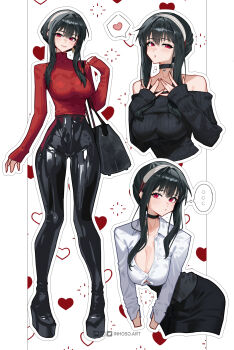 ... 1girl :o bag black_choker black_hair black_pants black_skirt black_sweater blush breasts button_gap choker cleavage closed_mouth collared_shirt cropped_legs cropped_torso dress_shirt earrings full_body hair_between_eyes hairband heart high-waist_pants highres inhoso instagram_logo jewelry large_breasts long_sleeves looking_at_viewer meme multiple_views off-shoulder_sweater off_shoulder pants parted_lips patreon_logo pencil_skirt red_eyes red_sweater revision ribbed_sweater roblox_man_face_(meme) shiny_clothes shirt short_hair_with_long_locks shoulder_bag sidelocks simple_background skirt sleeves_past_wrists smile spoken_ellipsis spoken_heart spy_x_family standing sweater tight_clothes tight_pants turtleneck turtleneck_sweater twitter_logo white_background white_hairband white_shirt yor_briar