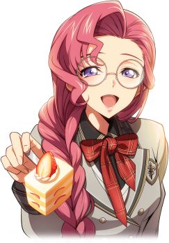 1girl arm_at_side artist_request blue_eyes bow bowtie braid breasts buttons cake cake_slice code_geass code_geass:_lost_stories cropped_torso double-breasted euphemia_li_britannia female_focus food forehead fork fruit game_cg glasses grey_jacket hair_over_shoulder half-closed_eyes hand_up happy holding holding_food holding_fork jacket long_hair long_sleeves looking_at_viewer non-web_source official_art open_mouth pink_hair plaid_bow plaid_bowtie plaid_clothes red_bow red_bowtie round_eyewear school_uniform sidelocks simple_background single_braid small_breasts smile solo strawberry strawberry_shortcake transparent_background upper_body white-framed_eyewear