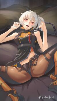 1girl absurdres bare_shoulders bdsm bed black_panties blush breasts chain chain_leash collar commentary_request dress hair_between_eyes highres leash looking_at_viewer lying navel on_back on_bed open_mouth orange_eyes panties pants ponytail see-through_clothes shiro_font short_hair slave sleeveless soldier_11_(zenless_zone_zero) solo spread_legs teeth twitter_username underwear upper_teeth_only white_hair zenless_zone_zero