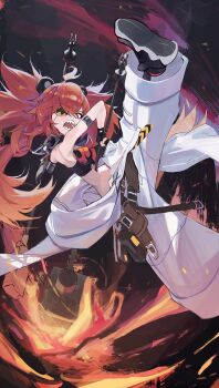 1girl absurdres ahoge animal_ears bare_shoulders bear_ears black_gloves breasts crop_top eyepatch fake_animal_ears fingerless_gloves gloves hair_between_eyes hair_ornament highres holding koleda_belobog long_hair looking_at_viewer midriff navel ninney5 pants red_eyes red_hair solo sphere_hair_ornament twintails twisted_torso zenless_zone_zero