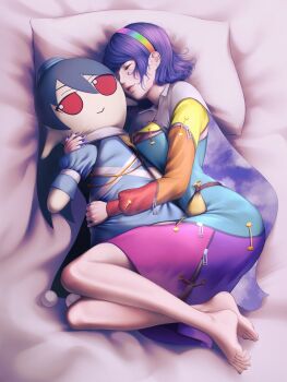 Rule 34 | 1girl, absurdres, barefoot, belt pouch, black hair, blue hair, blue nails, blue shirt, cape, cloud print, commentary, curled up, dress, full body, fumo (doll), hat, head on pillow, highres, hugging doll, hugging object, iizunamaru megumu, klabisot, lips, multicolored dress, on bed, patchwork clothes, pillow, pointy ears, pouch, rainbow hairband, realistic, red eyes, shirt, short hair, sleeping, tenkyuu chimata, tokin hat, touhou, white cape, zipper
