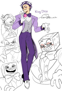 2017 2boys :d ;d absurdres amy7996659 artist_name belt black_belt bow bowtie buttons character_name chinese_commentary coat commentary commentary_request cuphead_(game) dated dice earrings english_commentary eyeshadow facial_hair fewer_digits full_body gloves green_eyes grey_vest grin hands_up heart highres humanization jewelry king_dice knees_apart_feet_together lapels layered_sleeves long_sleeves looking_at_viewer makeup male_focus mixed-language_commentary multicolored_hair multiple_boys mustache object_head one_eye_closed open_clothes open_coat open_mouth pants purple_bow purple_bowtie purple_coat purple_eyeshadow purple_hair purple_pants ribbed_shirt shirt shoes short_hair simple_background smile standing streaked_hair traditional_bowtie two-tone_hair v-shaped_eyebrows very_short_hair vest white_background white_gloves white_hair white_shirt white_shoes