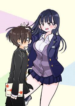 Rule 34 | 1boy, 1girl, black hair, blue eyes, boku no kokoro no yabai yatsu, book, breasts, brown eyes, brown hair, gakuran, hand in another's hair, hand on another's head, highres, holding, holding book, ichikawa kyoutarou, lapel pin, large breasts, long hair, name tag, nervous, pleated skirt, sakurai norio, school uniform, short hair, skirt, standing, standing on one leg, tagme, yamada anna