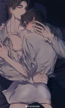 2boys absurdres alternate_costume alternate_hair_length alternate_hairstyle alternate_universe ass bed bite_mark biting black_pants blood blood_from_mouth blood_on_neck blush breath brown_hair bulge closed_eyes collarbone collared_shirt contemporary couple crying crying_with_eyes_open ear_blush erection erection_under_clothes fang hand_on_another&#039;s_back hand_on_another&#039;s_neck hand_on_another&#039;s_shoulder hickey highres hug lan_wangji looking_at_another lying lying_on_person male_focus modao_zushi multiple_boys muscular muscular_male naked_shirt on_back on_bed on_person on_stomach open_clothes open_mouth open_shirt pants pectoral_cleavage pectorals pillow pointy_ears profile red_eyes saliva shirt short_hair sweat tears vampire watermark wei_wuxian weibo_watermark white_shirt xue_ding_ka_fei_du_wei yaoi yellow_eyes