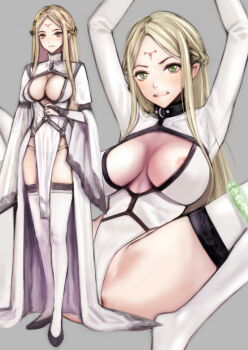 1girl arms_up blonde_hair braid breasts cleavage_cutout clothing_cutout commentary_request dress elf facial_mark forehead_mark full_body highres large_breasts long_hair looking_at_viewer multiple_views no_panties original pointy_ears restrained smile takano_masayuki thighhighs very_long_hair white_dress