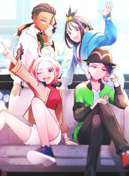 2boys 2girls black_hair black_hat black_pants blue_hoodie brown_jacket commentary_request crossed_legs dark-skinned_male dark_skin green_necktie hat head_rest highres hood hood_down hoodie jacket lida_(pokemon) long_hair long_sleeves looking_at_viewer midriff multiple_boys multiple_girls naveen_(pokemon) necktie nintendo one_eye_closed orange_eyes pants paxton_(pokemon) pink_hair pokemon pokemon_legends:_z-a purple_eyes ric_(aceradio) short_hair shorts smile taunie_(pokemon) white_shorts