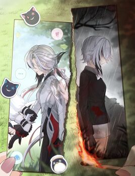 2girls arlecchino_(genshin_impact) ayacchirin black_gloves black_hair black_hands black_pants black_shirt coat colored_extremities fire genshin_impact gloves grey_hair highres long_hair long_sleeves multicolored_hair multiple_girls pants peruere_(genshin_impact) rain shirt shorts streaked_hair symbol-shaped_pupils water_drop white_coat white_hair white_shorts x-shaped_pupils