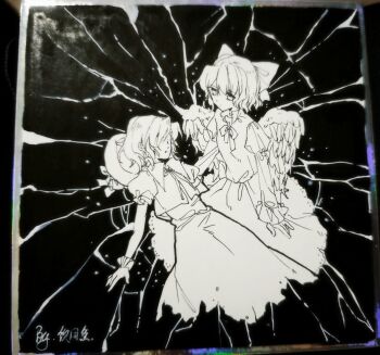 Rule 34 | 2girls, angel wings, bow, collared shirt, crack, expressionless, faceless, faceless female, feathered wings, frilled gloves, frilled sleeves, frills, gloves, greyscale, hair bow, hat loss, highres, juliet sleeves, kneeling, large bow, light particles, long sleeves, looking at another, lying, mai (touhou), monochrome, multiple girls, mystic square, neck ribbon, on back, parted lips, photo (medium), puffy short sleeves, puffy sleeves, ribbon, shirt, short hair, short sleeves, signature, skirt, skirt set, sleeves past wrists, touhou, touhou (pc-98), vest, wings, yinyong yu, yuki (touhou)