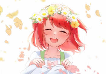 1girl :d ^_^ absurdres blush bow closed_eyes collarbone dress facing_viewer falling_petals floating_hair flower flower_wreath hair_flower hair_ornament happy head_wreath highres open_mouth petals pink_bow rain_re_a re:zero_kara_hajimeru_isekai_seikatsu red_hair shirt short_sleeves smile solo teeth theresia_van_astrea two_side_up upper_body upper_teeth_only white_background white_flower white_shirt yellow_flower