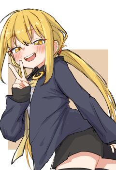 1girl absurdres black_sailor_collar black_skirt black_thighhighs blonde_hair blush commentary_request hair_between_eyes highres kantai_collection long_hair long_sleeves looking_at_viewer low_twintails neckerchief open_mouth pok_(pok_0002) sailor_collar satsuki_(kancolle) satsuki_kai_ni_(kancolle) school_uniform serafuku sidelocks simple_background skirt solo teeth thighhighs twintails upper_teeth_only v very_long_hair yellow_eyes yellow_neckerchief