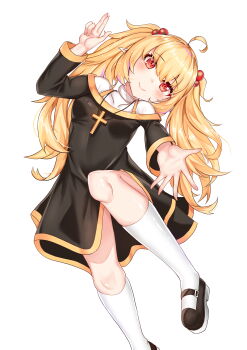 1girl absurdres ahoge artist_request bad_source black_dress black_shoes blonde_hair commission cross cross_necklace dress elf hair_bobbles hair_ornament highres jewelry latin_cross long_hair long_sleeves necklace nun original pointy_ears red_eyes second-party_source shoes simple_background solo twintails twintails_elf_nun_(sugarnut) very_long_hair white_background
