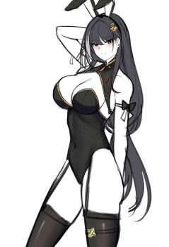 absurdres animal_ears baizhi_(wuthering_waves) black_dress breasts cleavage commentary_request dress earrings green_eyes highres jewelry long_hair mapyarong multicolored_hair playboy_bunny rabbit_ears thighhighs unfinished very_long_hair wuthering_waves