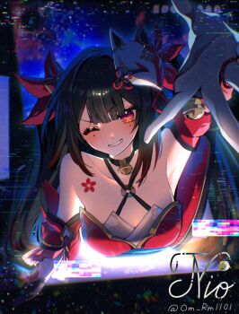 1girl bare_shoulders black_hair breasts cleavage commentary_request dress flower_tattoo fox_mask glitch gloves honkai:_star_rail honkai_(series) japanese_clothes large_breasts long_hair looking_at_viewer mask mask_on_head om_rm1101 purple_eyes reaching reaching_towards_viewer red_dress solo sparkle_(honkai:_star_rail) tattoo twintails very_long_hair white_gloves