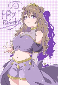 1girl blush breasts brown_hair butterfly_(love_live!) commentary_request cowboy_shot crown detached_sleeves drop_shadow earrings gingham_background happy_birthday highres jewelry konoe_kanata long_hair looking_at_viewer love_live! love_live!_nijigasaki_high_school_idol_club medium_breasts midriff navel official_alternate_costume purple_eyes purple_shorts see-through_clothes short_shorts shorts smile solo split_mouth toto_(ke_ke99)