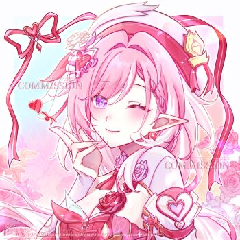 Rule 34 | 1girl, ;), absurdres, artist request, beret, breasts, chinese commentary, cleavage, commentary request, commission, diamond-shaped pupils, diamond (shape), dress, elf, elysia (hi love elf) (honkai impact), elysia (honkai impact), hat, heart, highres, honkai (series), honkai impact 3rd, large breasts, long hair, looking at viewer, multicolored hair, one eye closed, pink hair, pointy ears, purple eyes, red dress, second-party source, smile, solo, symbol-shaped pupils, two-tone hair, upper body, variant set, very long hair, watermark, white hair