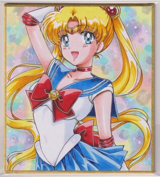 1girl arm_up bishoujo_senshi_sailor_moon blonde_hair blue_eyes blue_sailor_collar blue_skirt bow chikoto_(kztc4472) choker collarbone double_bun earrings elbow_gloves gloves hair_bun hair_ornament highres jewelry long_hair looking_at_viewer open_mouth photo_(medium) red_choker sailor_collar sailor_moon sailor_senshi_uniform skirt smile solo traditional_media transformation_brooch_(sailor_moon) tsukino_usagi twintails white_gloves