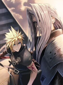 2boys absurdres apron arm_ribbon armor belt_buckle black_apron black_coat black_shirt blonde_hair blue_eyes buckle cloud cloud_strife cloudy_sky coat commentary_request fenrir_(final_fantasy) final_fantasy final_fantasy_vii final_fantasy_vii:_advent_children green_eyes grey_hair hair_between_eyes highres holding holding_sword holding_weapon long_hair looking_up male_focus multiple_boys parted_bangs parted_lips red_ribbon ribbed_shirt ribbon sephiroth shirt short_hair shoulder_armor single_shoulder_pad sky spiked_hair sword upper_body waist_apron weapon zupakyo